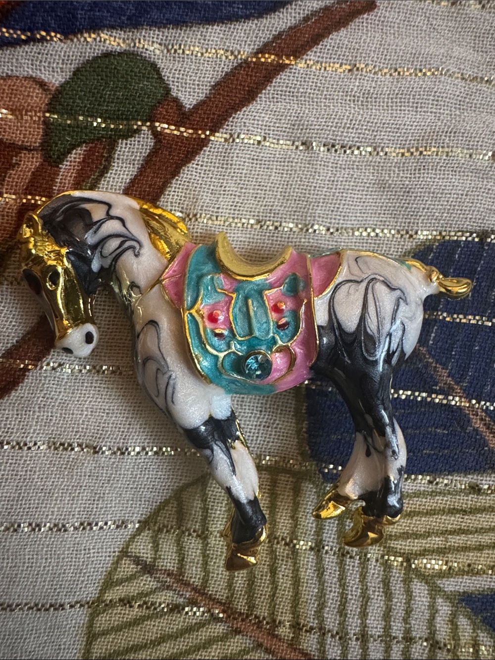 Enamel Carousel Horse Pin with Gold Accents - Pink, Teal, Black